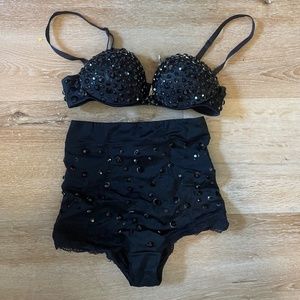 Custom Handmade Stage Halloween Black Jeweled Costume- Bra and Hot Shorts